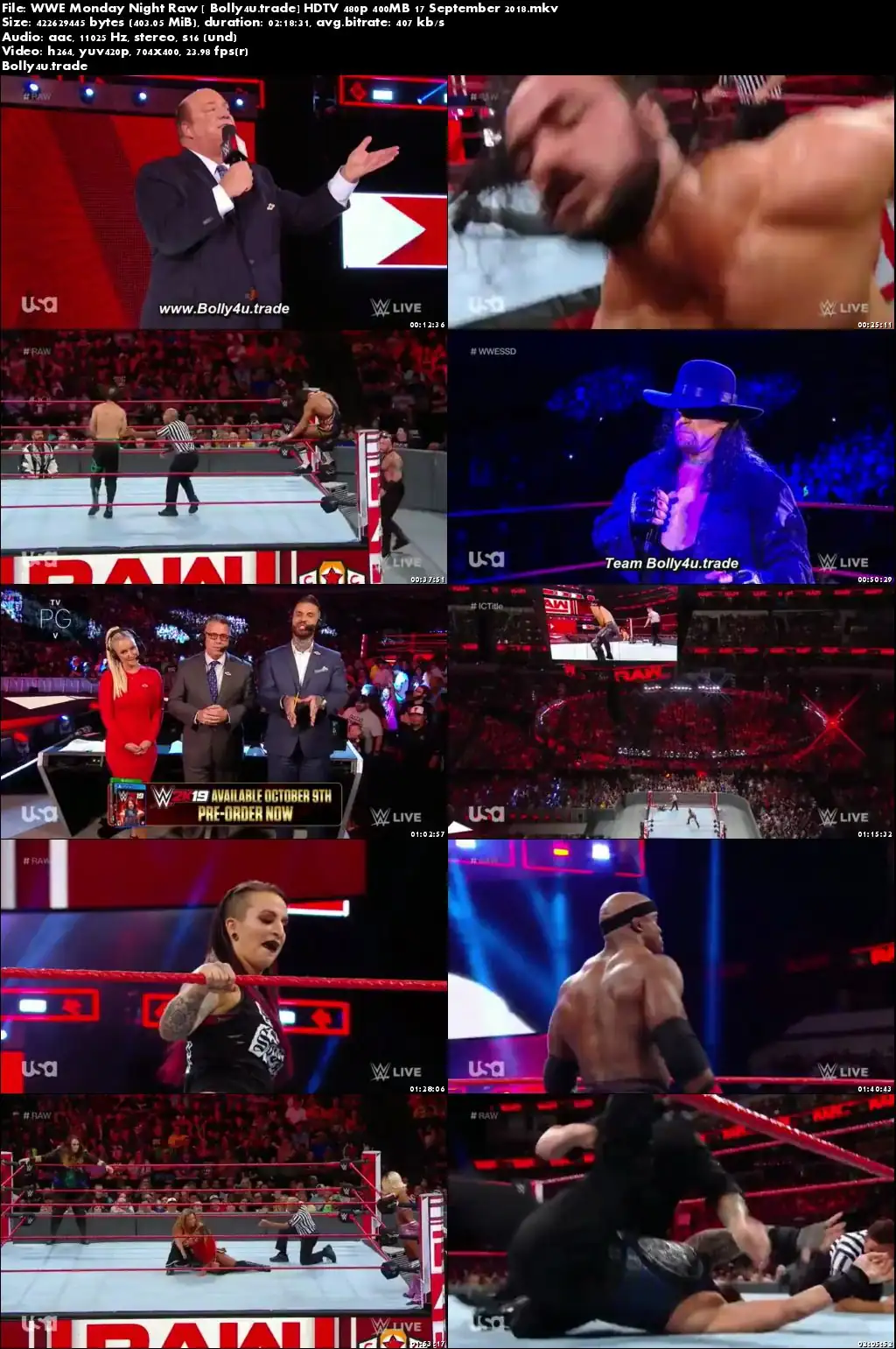 WWE Monday Night Raw HDTV 480p 400MB 17 September 2018 Download