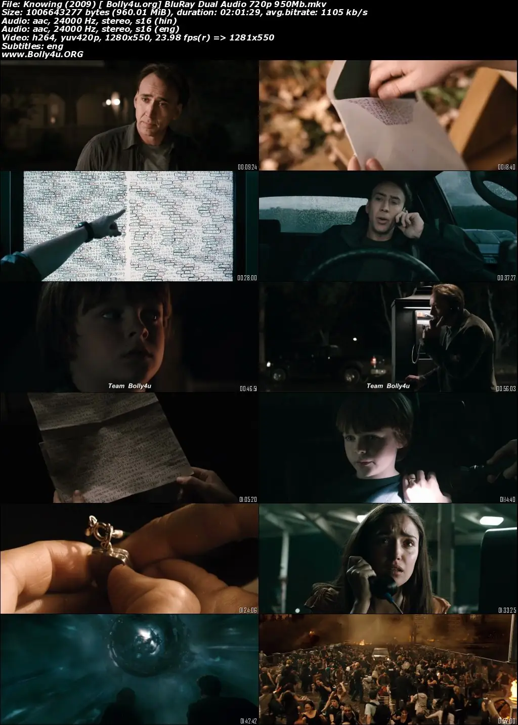 Knowing 2009 BRRip 350Mb Hindi Dual Audio ORG 480p Download